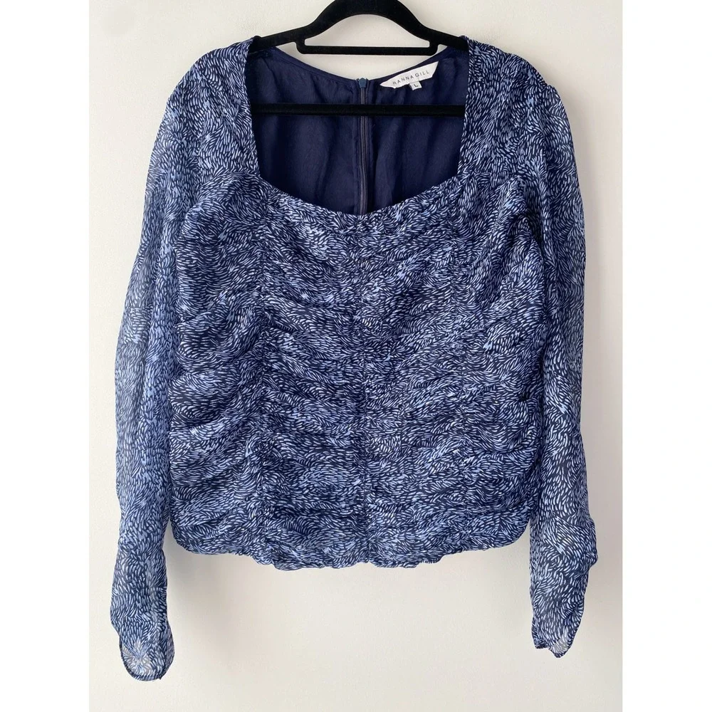 Anthropologie Ranna Gill Mylene Ruched Blouse L Navy Sheer Feminine Square Neck‎